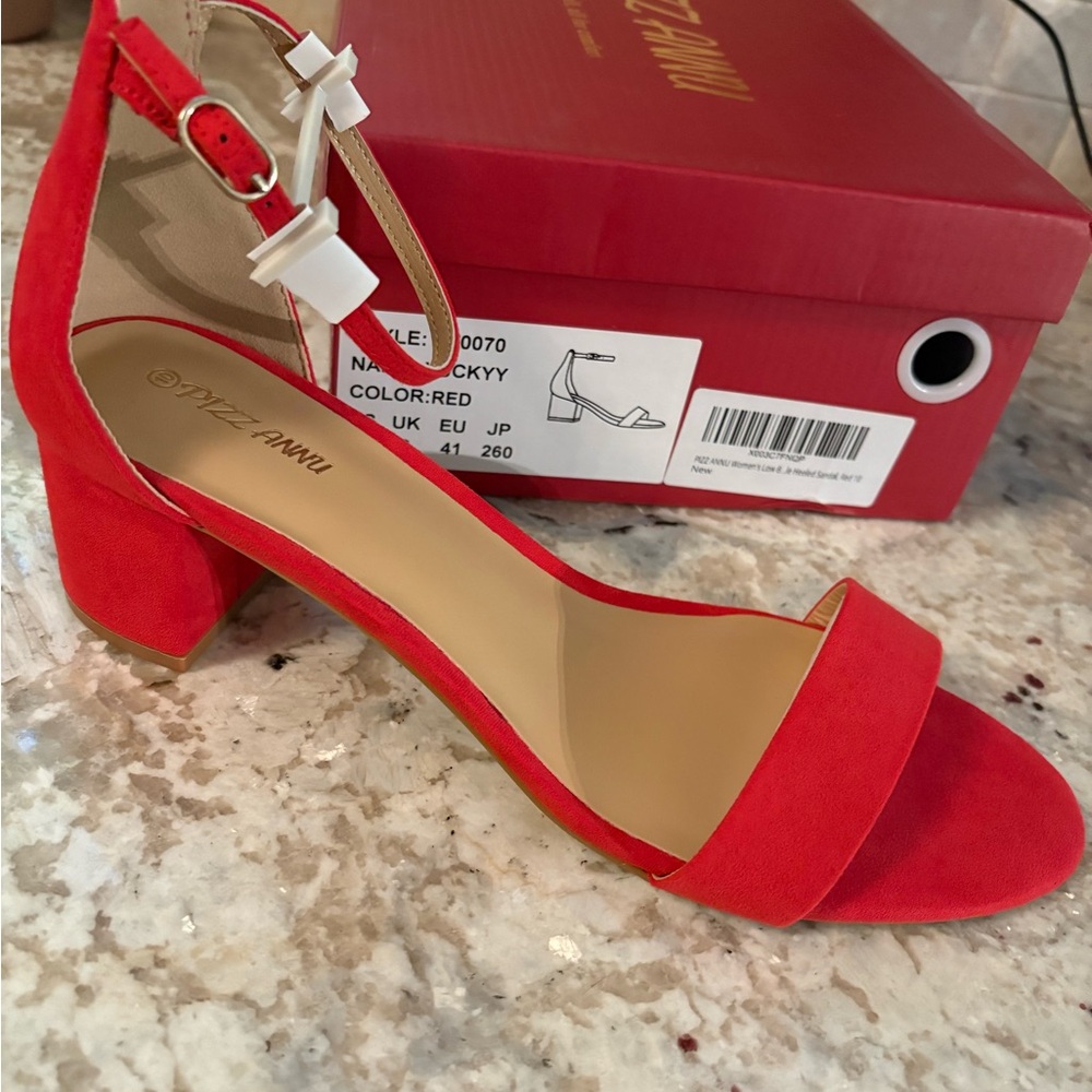 Red Block Heel Sandals with Adjustable Ankle Strap